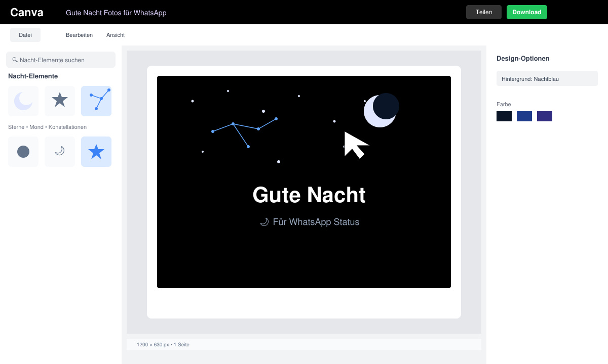 Canva-Oberfläche beim Erstellen eines Gute nacht fotos für WhatsApp