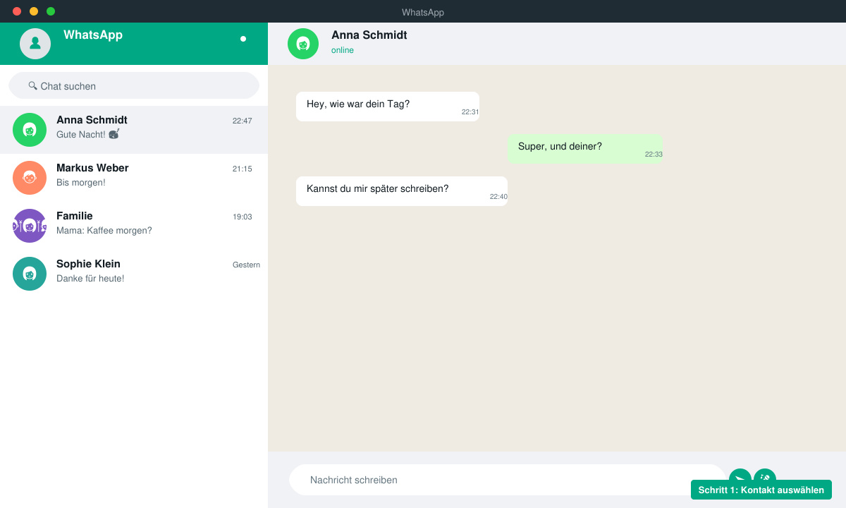WhatsApp Chat öffnen und Kontakt für Gute Nacht Gruß auswählen