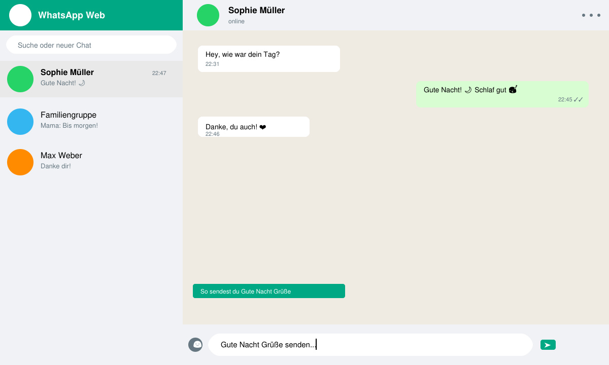 WhatsApp Chat öffnen und Kontakt für Gute Nacht Grüße auswählen