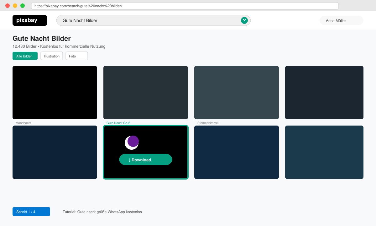 Bildschirm mit geöffneter Pixabay-Suche nach Gute-Nacht-Bildern und aktiviertem Download-Button