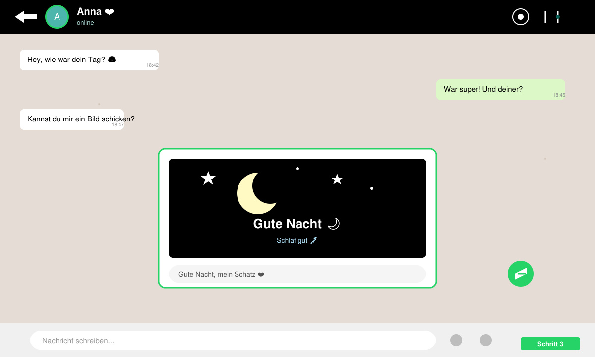 WhatsApp-Chat-Fenster mit angehängtem Gute-Nacht-Bild und Senden-Button