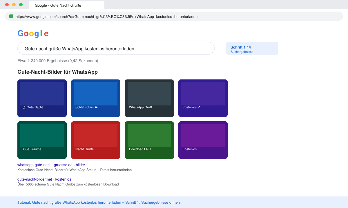 Suchergebnisseite mit Gute-Nacht-Bildern im Browser