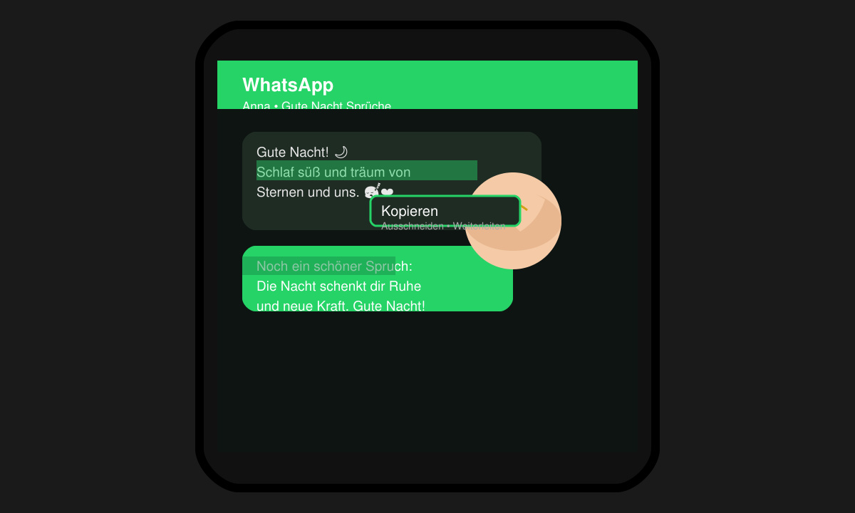 Nahaufnahme eines Fingers, der einen Text auf dem Smartphone-Bildschirm markiert