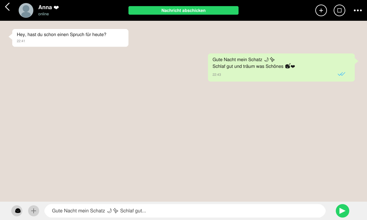 WhatsApp-Chatfenster mit einem versendeten guten Nacht Spruch und Emojis