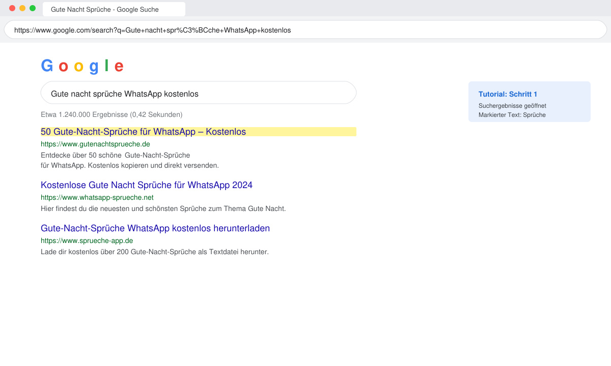 Browserfenster mit Suchergebnissen zu Gute-Nacht-Sprüchen und markiertem Text