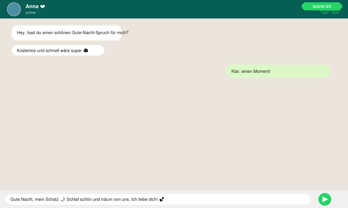 WhatsApp-Chat mit fertigem Gute-Nacht-Spruch und Senden-Button