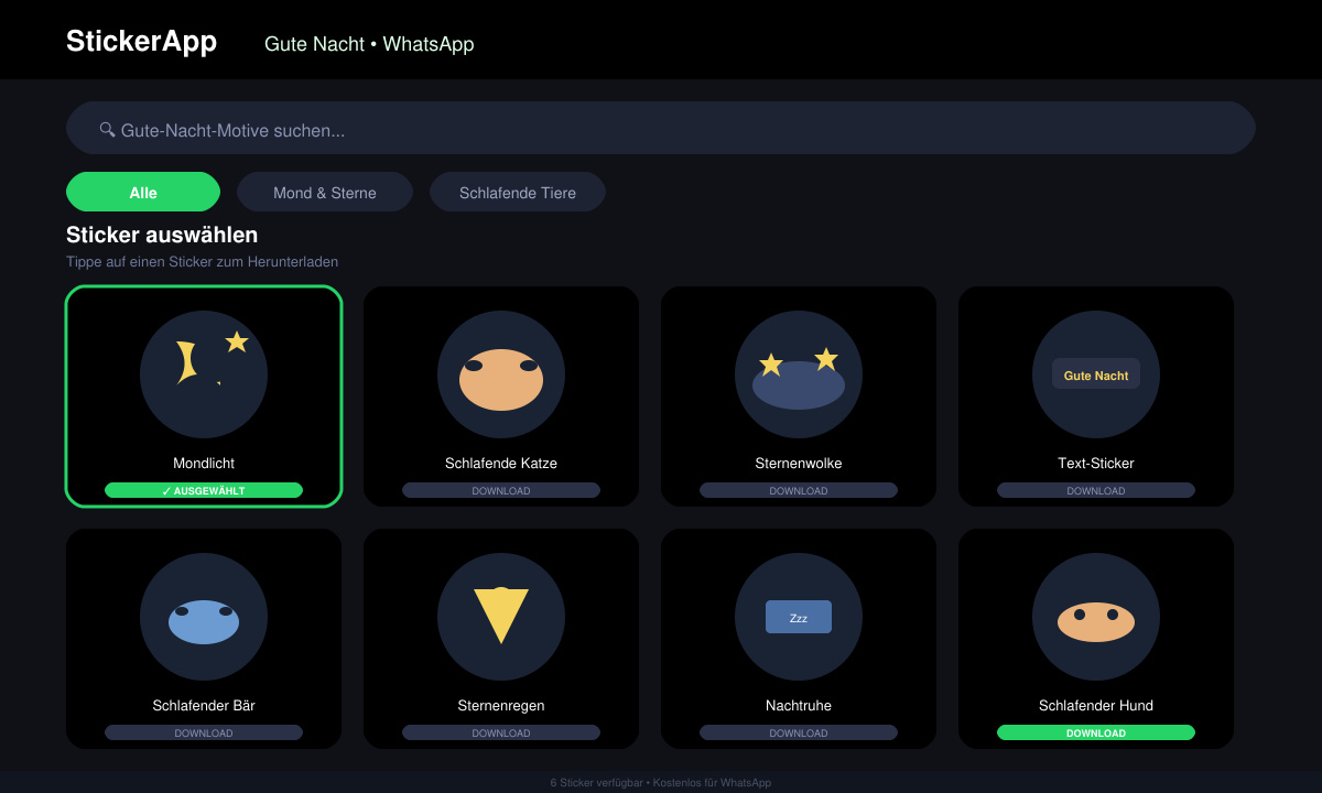 Auswahl eines Gute Nacht Sticker Packs in einer WhatsApp Sticker App