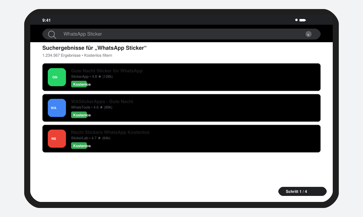 App-Store-Suche nach WhatsApp-Stickern auf dem Smartphone-Bildschirm