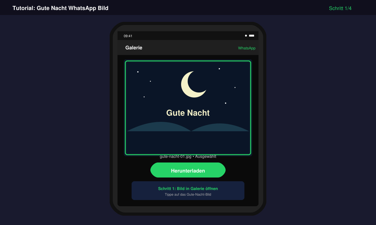 Smartphone-Bildschirm mit geöffneter Galerie und einem ausgewählten Gute-Nacht-Bild