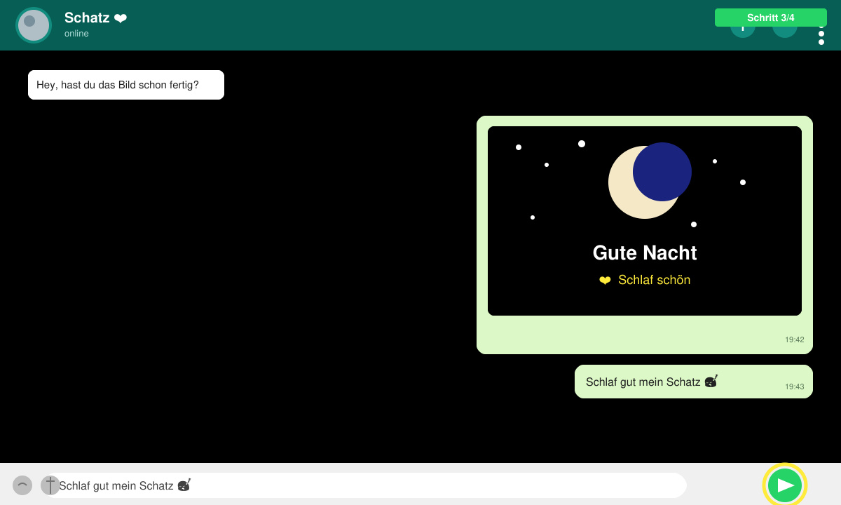WhatsApp-Chatfenster mit bearbeitetem Gute-Nacht-Bild und kurzer Nachricht