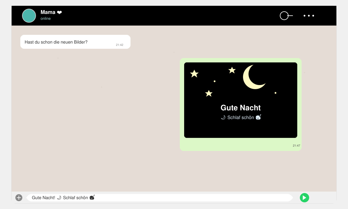 WhatsApp-Chat-Fenster mit eingefügtem Gute-Nacht-Bild und Spruch