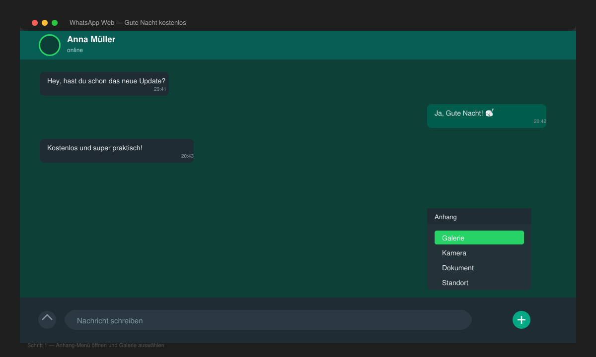 WhatsApp Chat mit geöffneter Medienauswahl für Gute Nacht Nachrichten