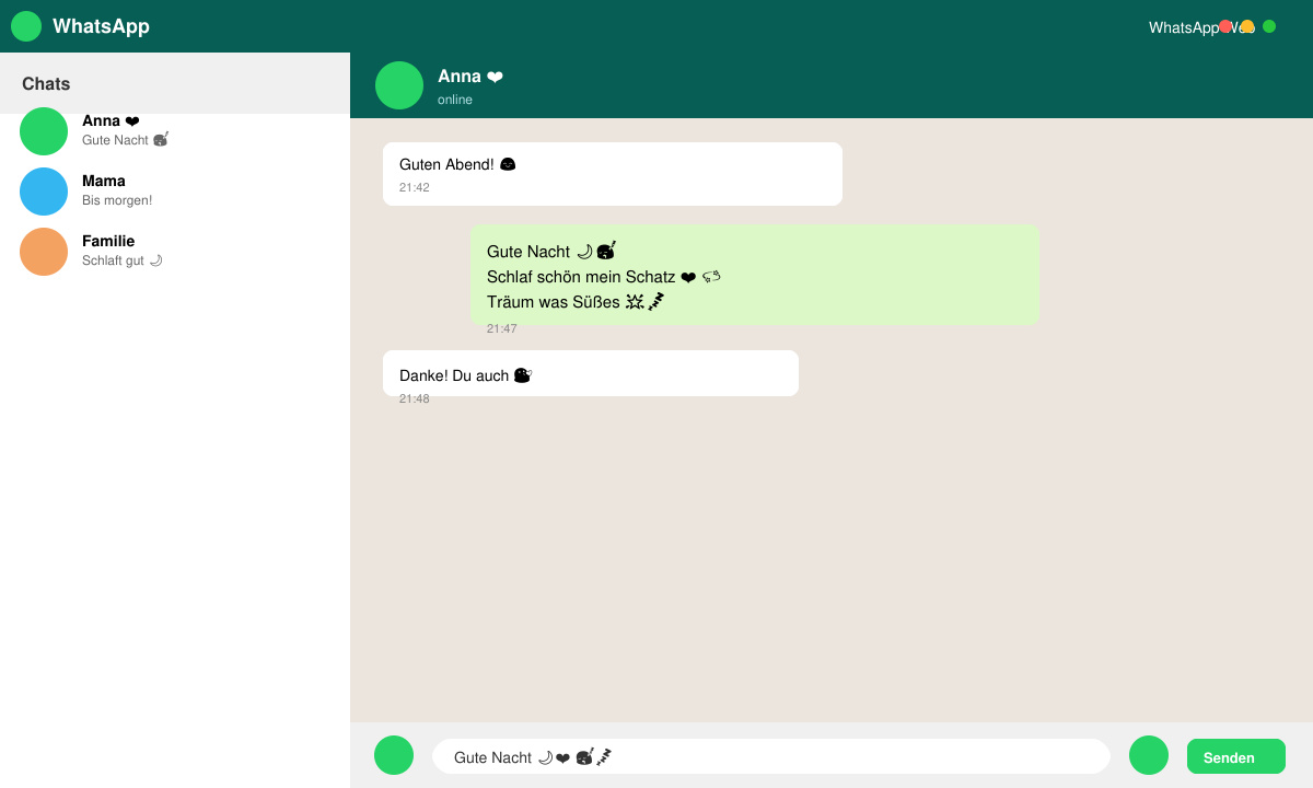 WhatsApp Chat mit eingefügtem Gute Nacht Wunsch und Herz-Emoji