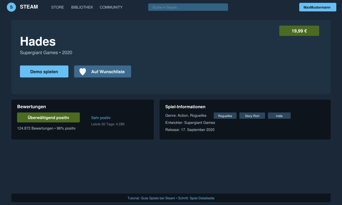 Detailseite eines Spiels mit positiven Bewertungen, Demo-Button und Wishlist-Symbol