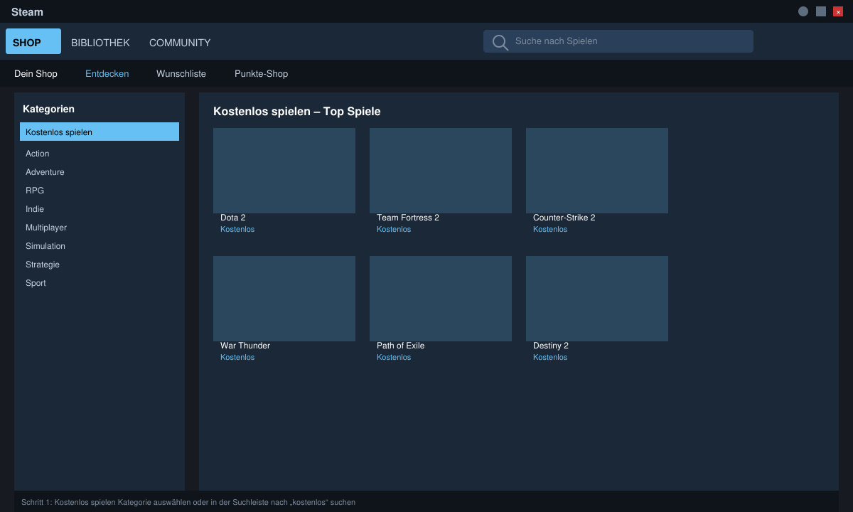 Steam-Client Store-Ansicht mit Suchleiste und Kategorie-Filtern