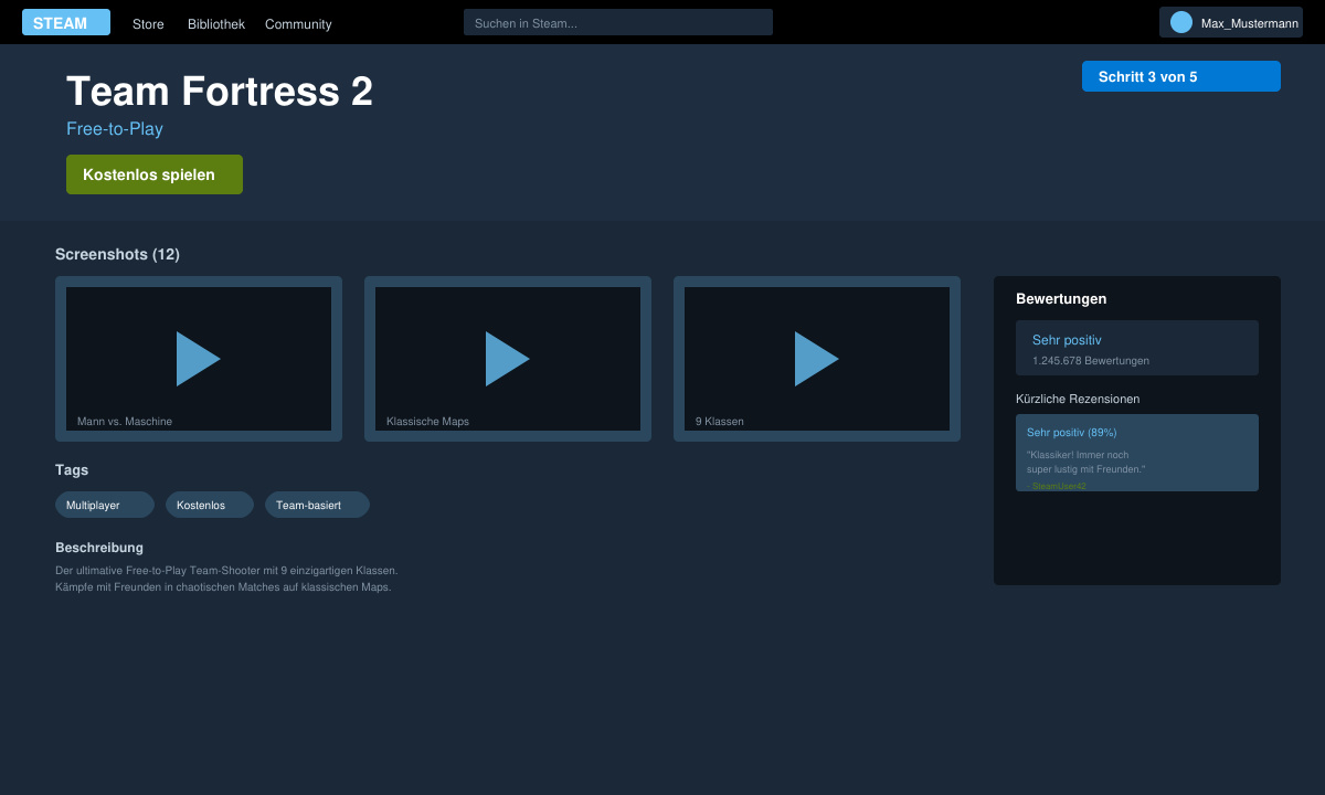 Detailseite eines beliebten kostenlosen Steam-Spiels mit Bewertungen und Screenshots