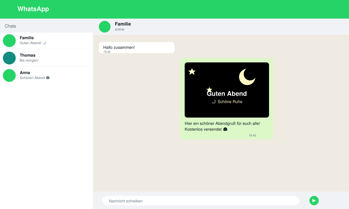 WhatsApp-Chat-Fenster mit einem versendeten Abendgruß-Bild und dazugehörigem Text