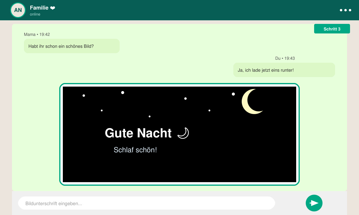 WhatsApp-Chat-Fenster mit ausgewähltem Abendbild und Senden-Button