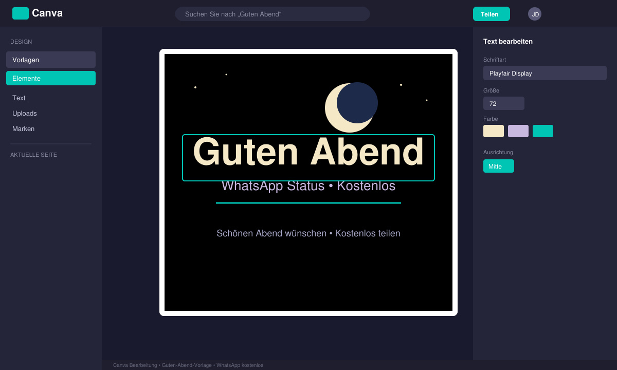 Canva-Oberfläche mit ausgewählter Guten-Abend-Vorlage und Bearbeitungswerkzeugen