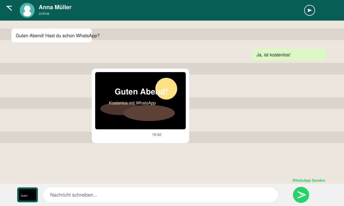 WhatsApp-Chatfenster mit hochgeladenem Guten-Abend-Bild und Senden-Button