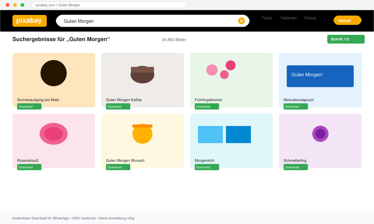 Suchergebnisse auf Pixabay mit Guten-Morgen-Motiven und Download-Button