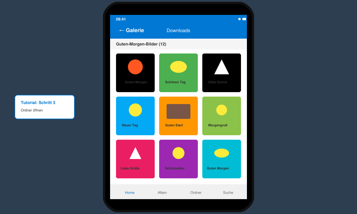 Ansicht der Galerie-App auf dem Handy mit sortierten Guten-Morgen-Bildern