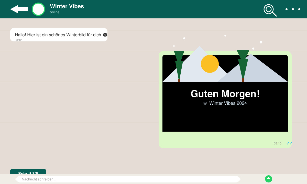 WhatsApp-Chat-Fenster mit versendetem winterlichen Guten-Morgen-Bild