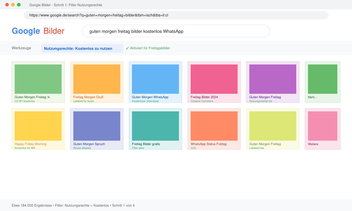 Bildschirm mit Google-Bildersuche und aktiviertem Nutzungsrechte-Filter für kostenlose Freitagsbilder