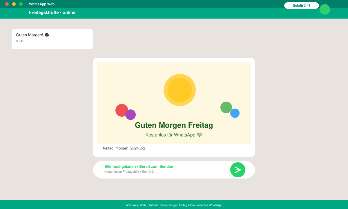WhatsApp-Chat-Fenster mit hochgeladenem Freitagsbild und Senden-Button