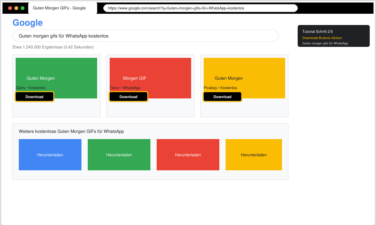 Close-up of a browser search result page showing free good morning GIFs with download buttons highlighted