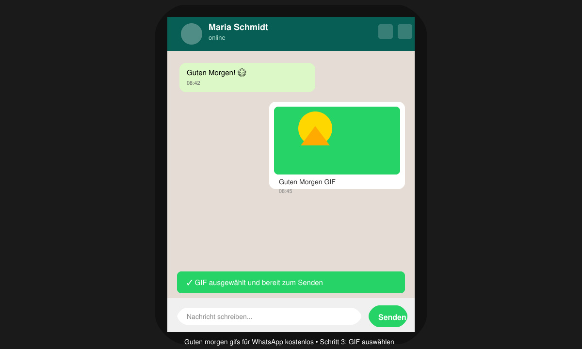 WhatsApp chat interface on a phone with a good morning GIF selected and ready to send