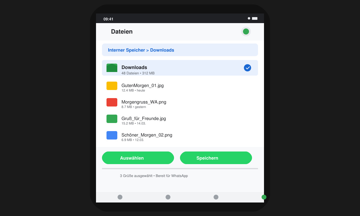 Smartphone-Bildschirm mit geöffnetem Datei-Manager und markiertem Download-Ordner für Morgengrüße