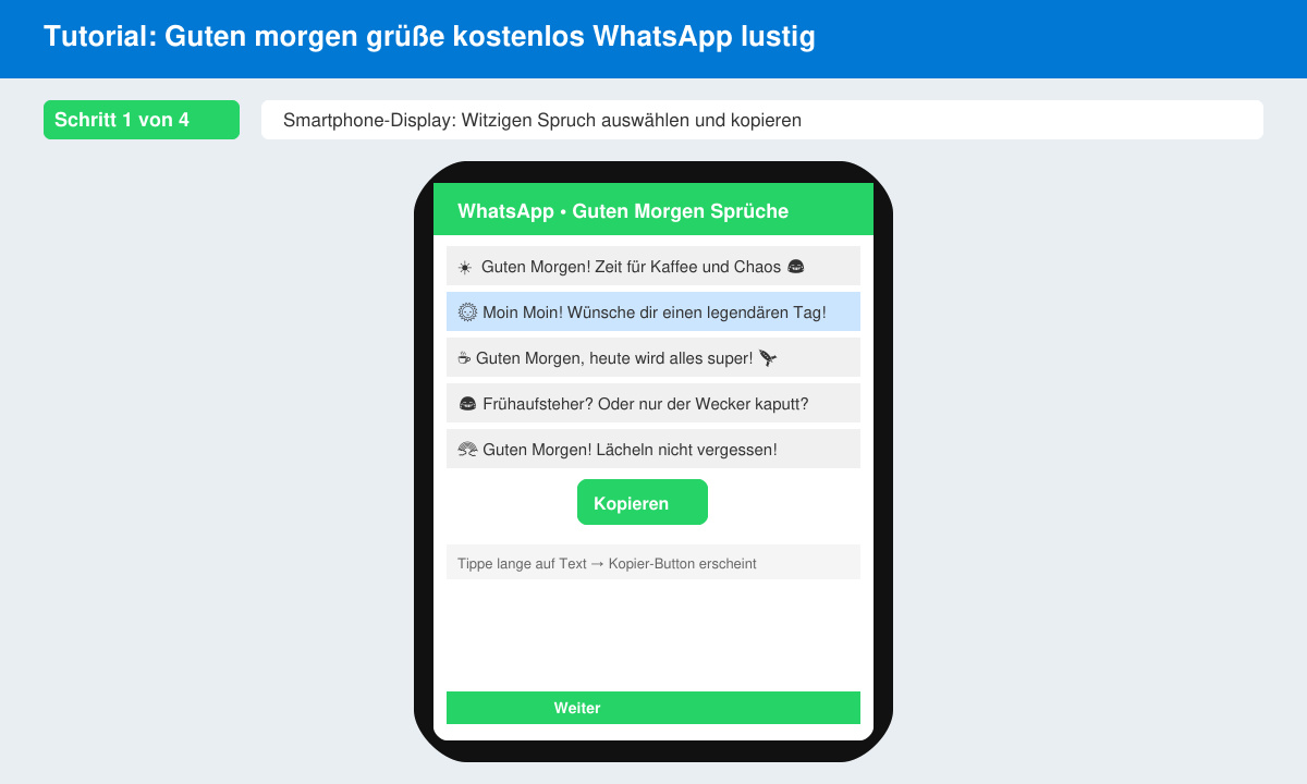 Auswahl eines witzigen Guten-Morgen-Spruchs auf dem Smartphone-Bildschirm