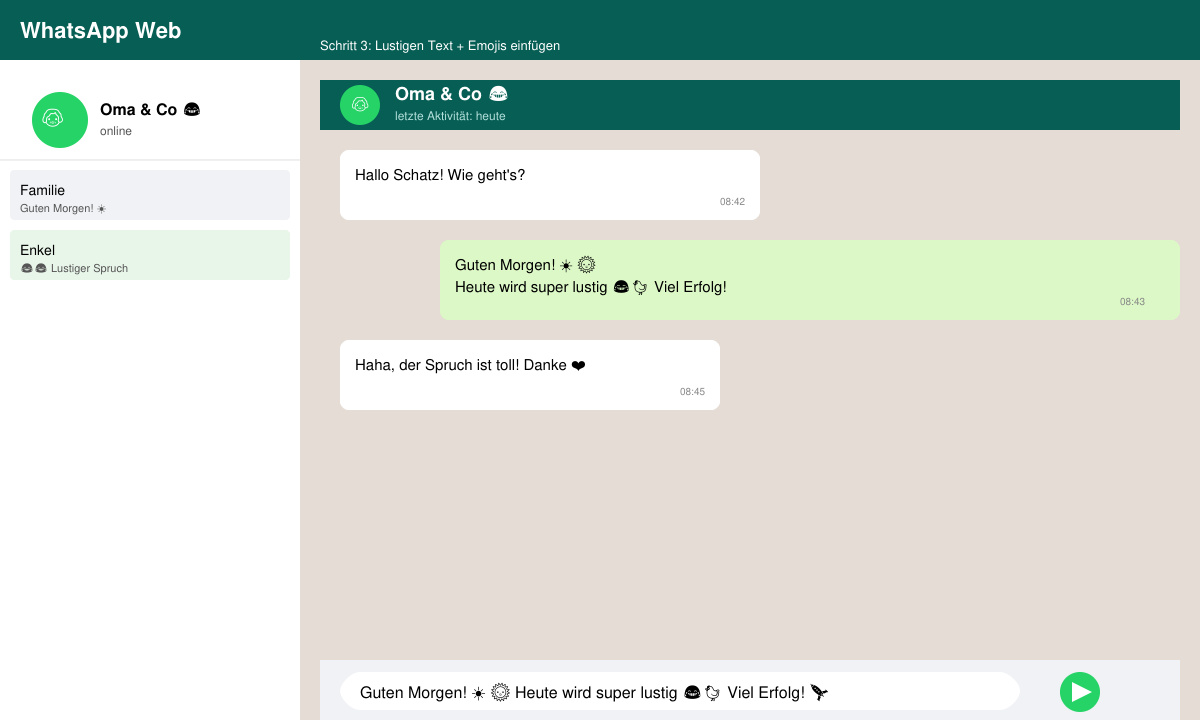 Versenden einer lustigen Guten-Morgen-Nachricht in einem WhatsApp-Chat
