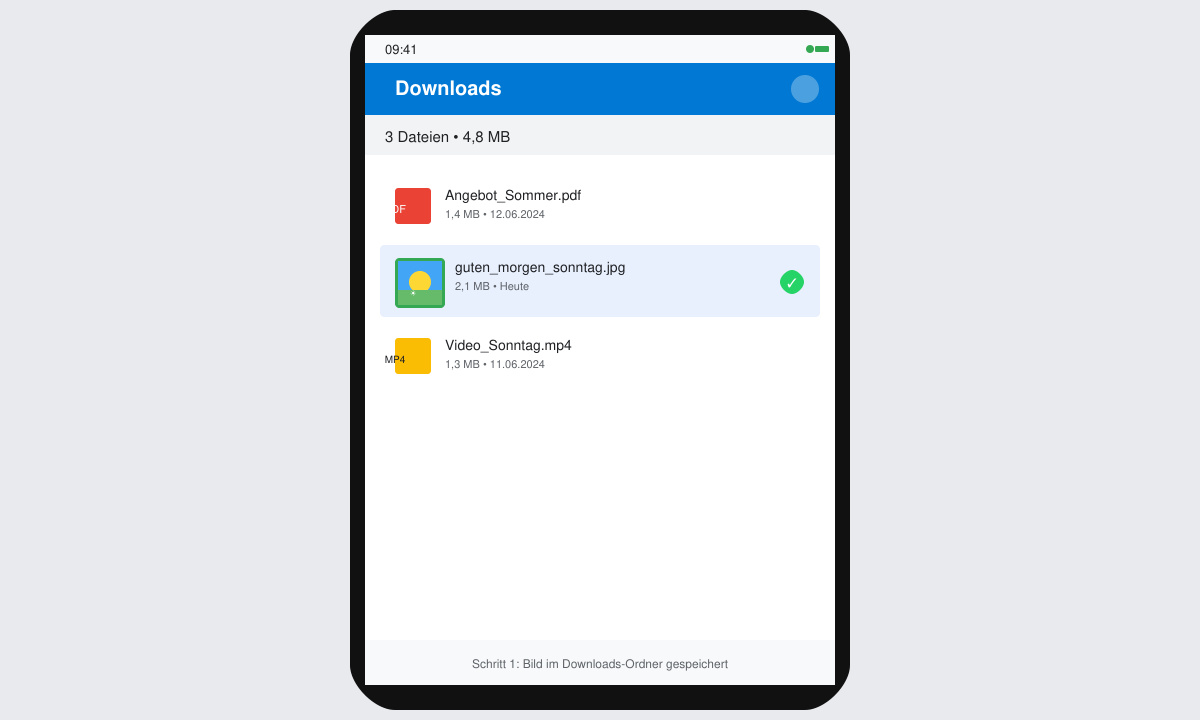 Smartphone-Bildschirm mit geöffnetem Download-Ordner und einem Sonntagsbild