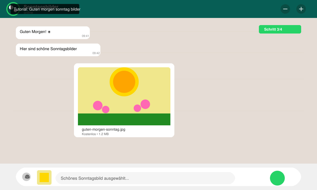 WhatsApp-Chat-Fenster mit ausgewähltem Sonntagsbild und Senden-Button
