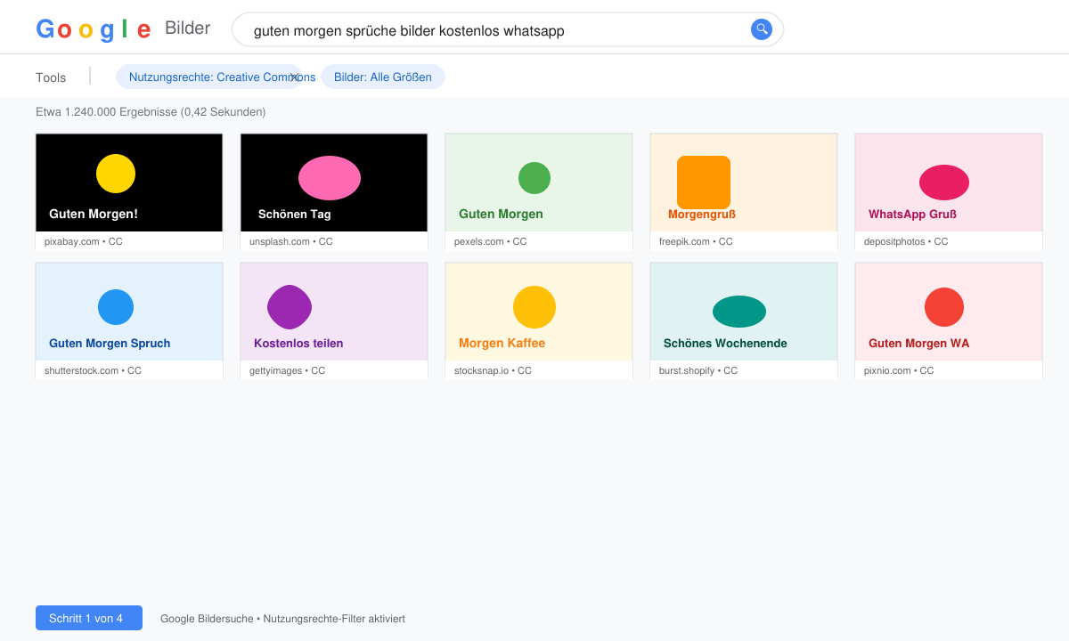 Google-Bildersuche mit aktiviertem Nutzungsrechte-Filter und angezeigten Guten-Morgen-Bildern