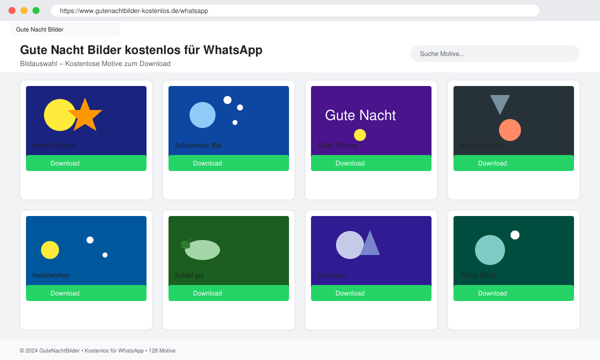 Bildauswahl auf einer Website mit Guten Nacht Motiven