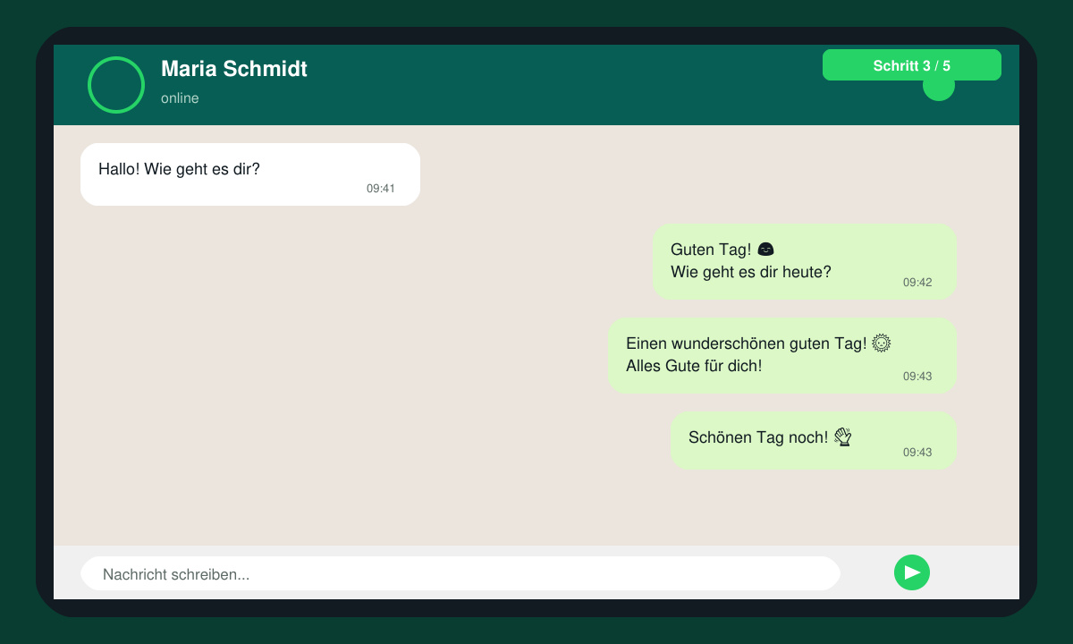Gesendete WhatsApp-Nachricht mit Guten-Tag-Grüßen und Emoji auf dem Bildschirm