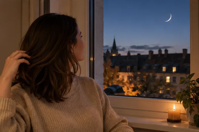 Frau betrachtet an einem Herbstabend ihr Haar am Fenster, während draußen eine schmale Mondsichel über einer deutschen Stadt zu sehen ist.