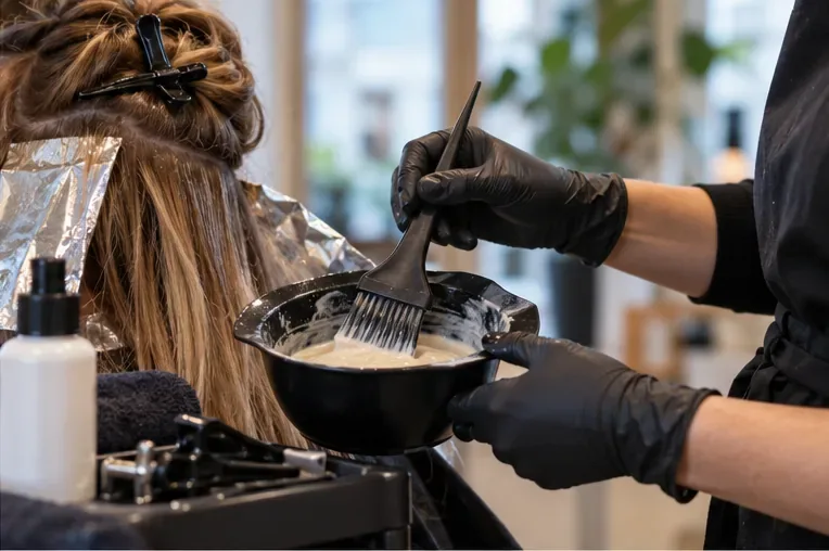 Friseurin trägt mit Handschuhen eine Aufhellungs- oder Haarfarbmischung professionell auf abgeteilte Haarpartien auf.