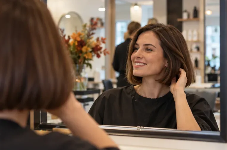Kundin betrachtet zufrieden einen frisch geschnittenen Bob im Spiegel eines hellen Friseursalons.