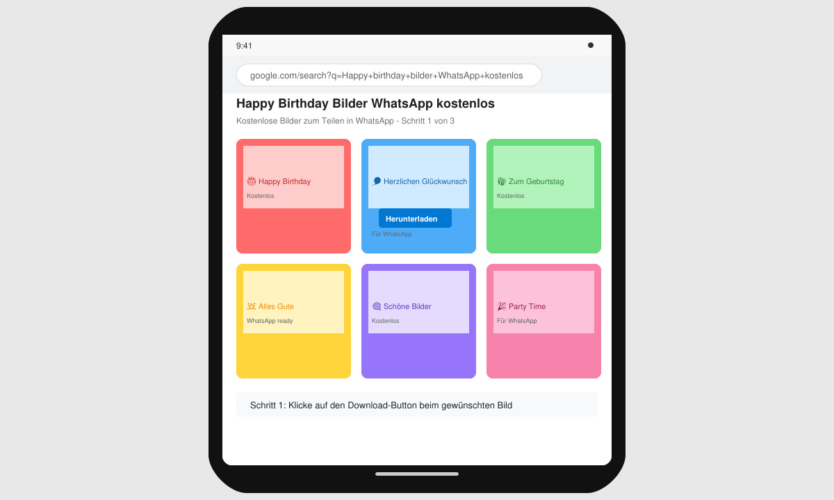 Smartphone-Bildschirm mit geöffnetem Browser und Download-Button bei einem Geburtstagsbild