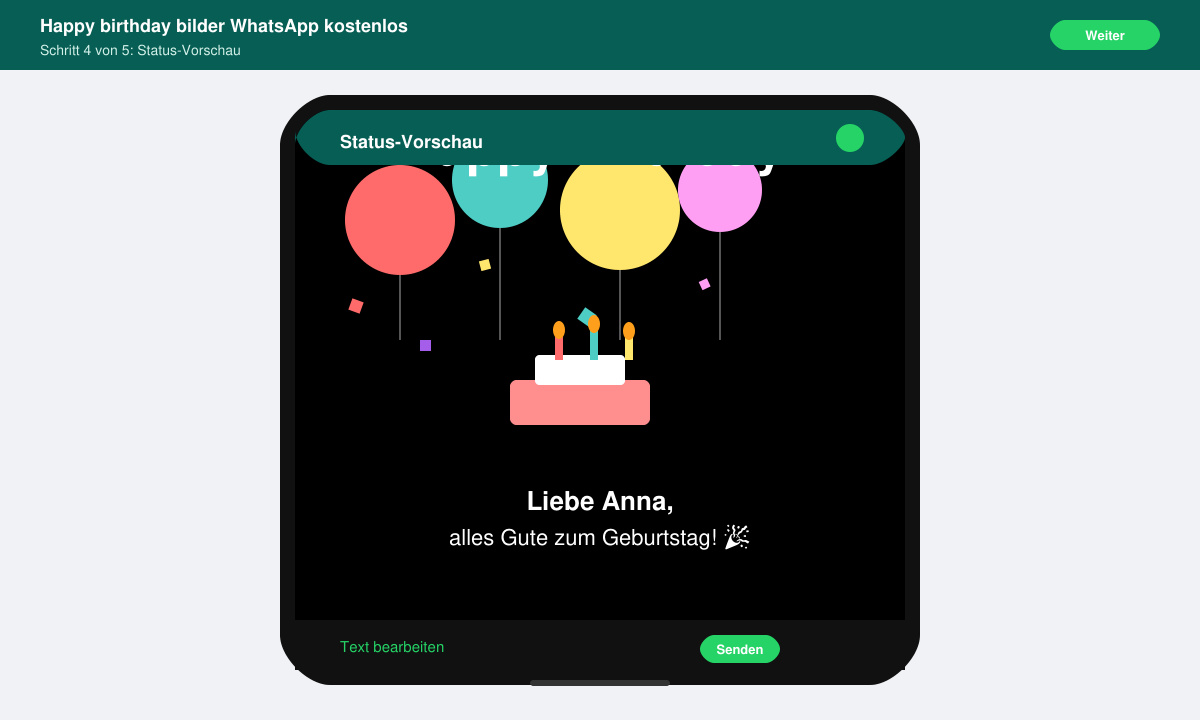 WhatsApp-Status-Vorschau mit einem farbenfrohen Happy-Birthday-Bild und eingegebenem Text