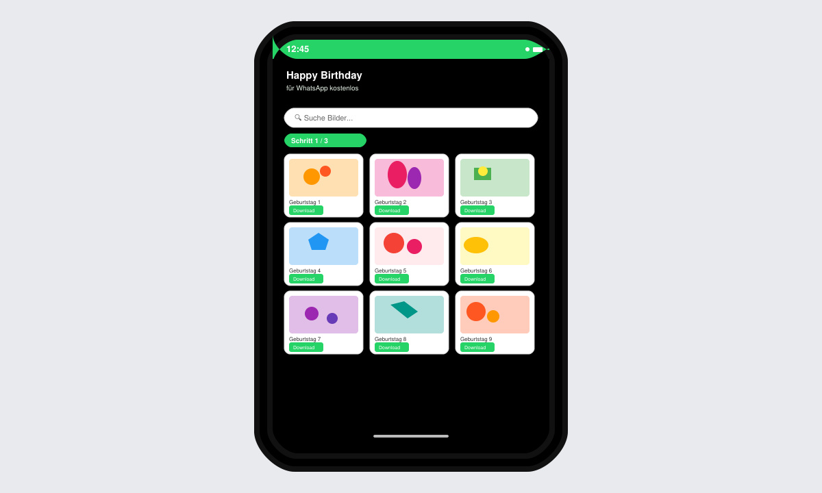 Smartphone-Bildschirm mit geöffneter Website, auf der verschiedene Happy Birthday Bilder zum Download angezeigt werden