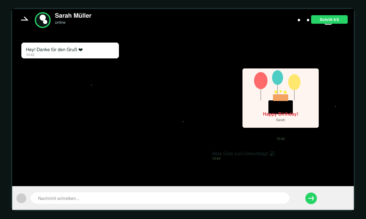 WhatsApp-Chat-Fenster mit gesendetem Happy Birthday Bild und kurzem Textwunsch