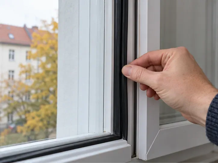 Eine Hand prüft vorsichtig die schwarze Gummidichtung an einem geschlossenen Fensterrahmen