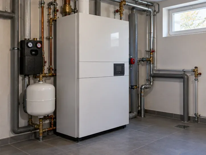 Ein geschlossener Heizkessel mit Rohrleitungen in einem aufgeräumten Technikraum