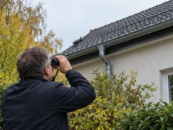 Eine Person betrachtet vom Garten aus mit einem Fernglas die Dachrinne eines Hauses