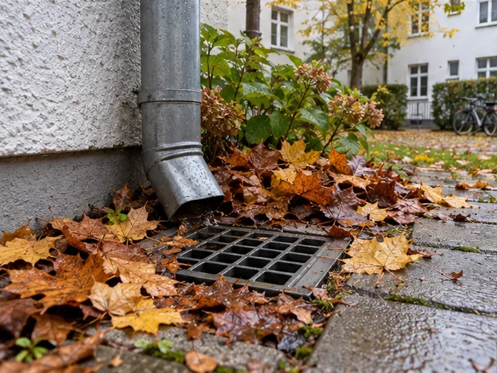 Nasse Herbstblätter liegen um einen bodennahen Hofablauf am Ende eines Fallrohrs
